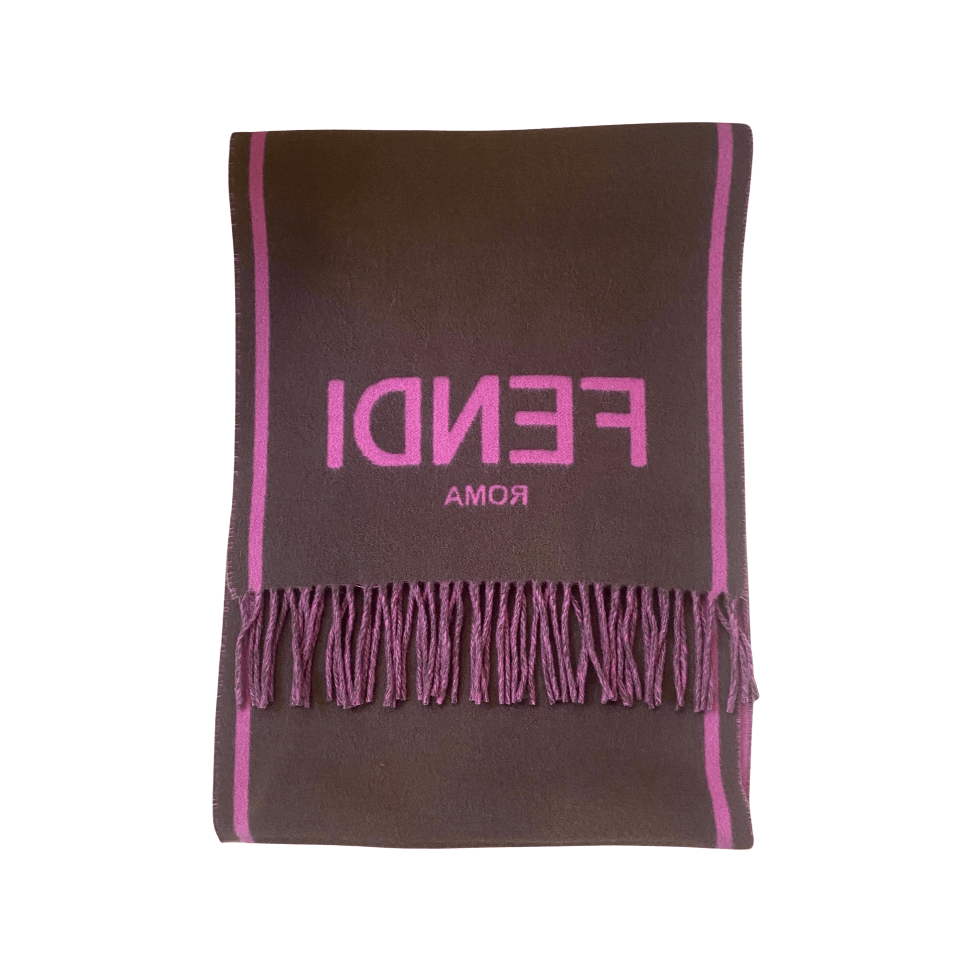 Fendi Roma Cashmere Scarf Purple Grey Logo available at Queen Bee of Beverly Hills