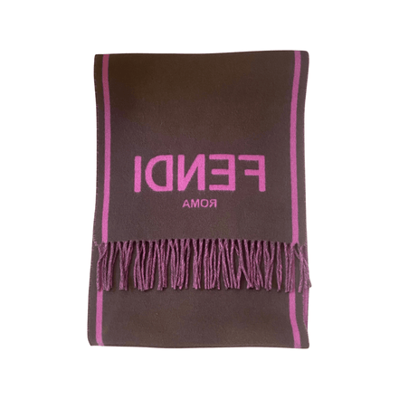 Fendi Roma Cashmere Scarf Purple Grey Logo available at Queen Bee of Beverly Hills