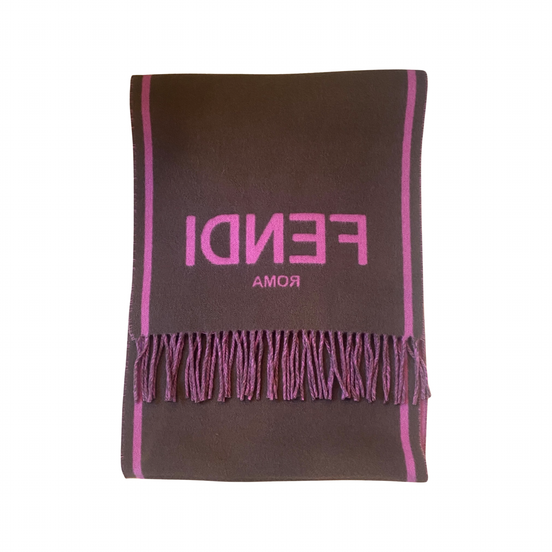 Fendi Roma Cashmere Scarf Purple Grey Logo available at Queen Bee of Beverly Hills