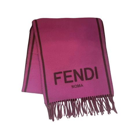 Fendi Roma Cashmere Scarf Purple Grey Logo available at Queen Bee of Beverly Hills