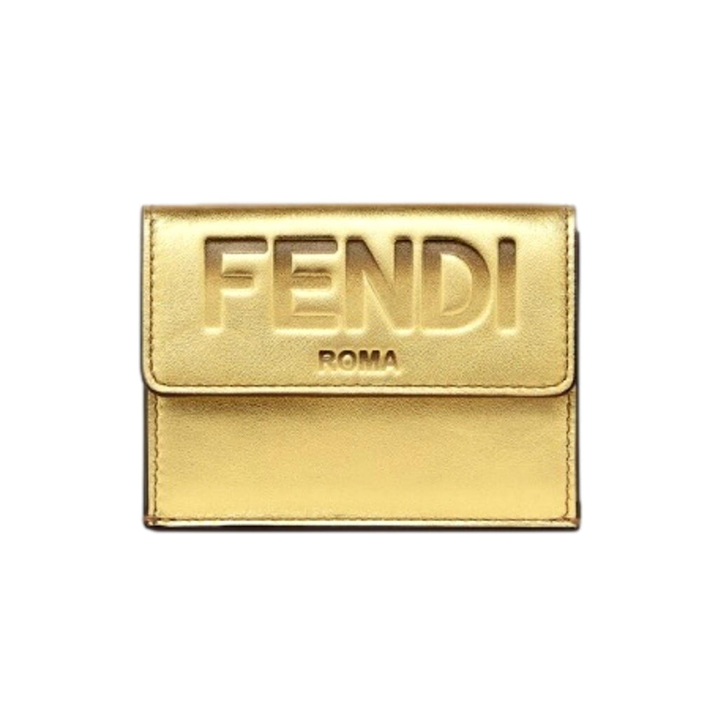 Fendi Roma Embossed Logo Metallic Gold Leather Micro Trifold Wallet 8M0395 at_Queen_Bee_of_Beverly_Hills