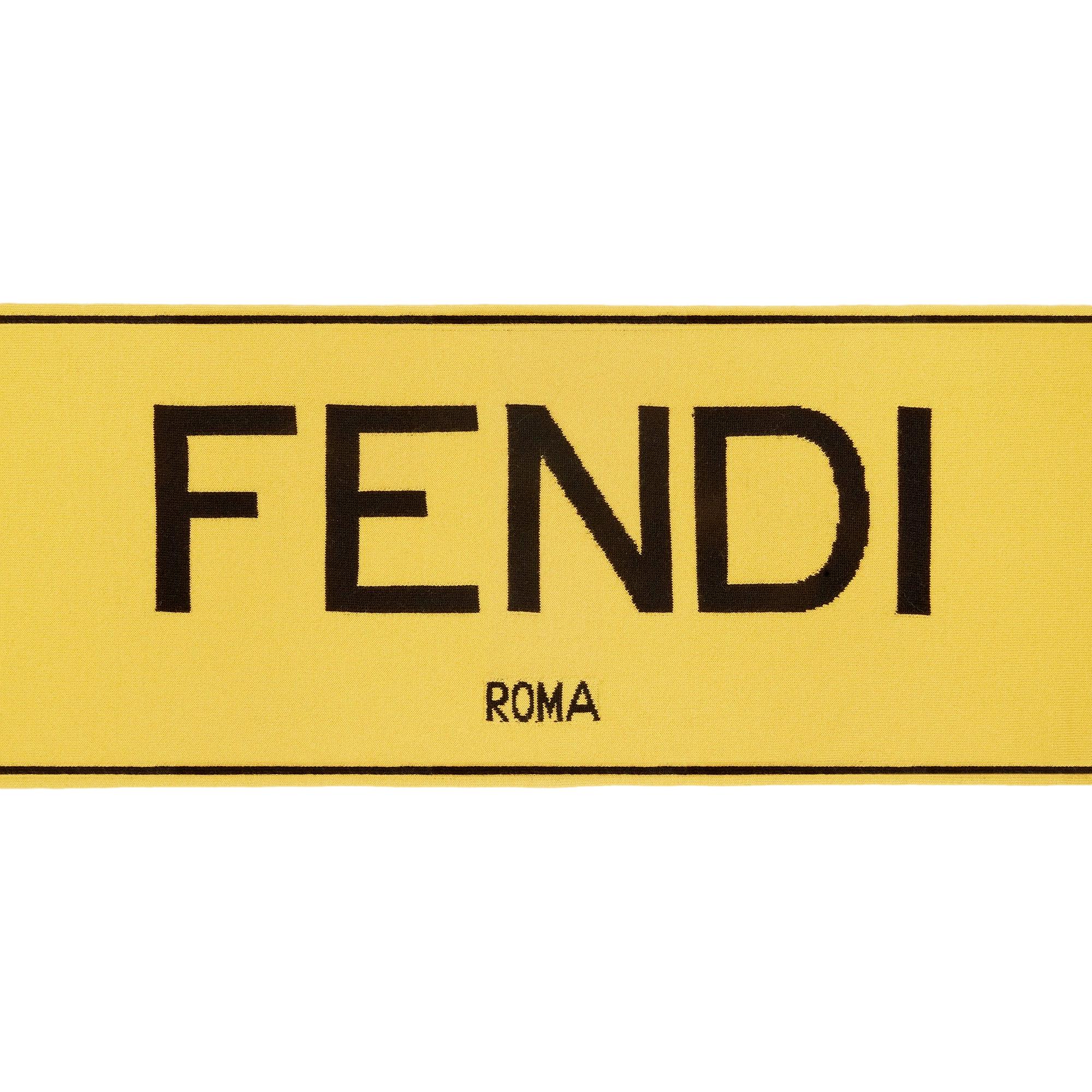 Fendi Roma Knitted Wool & Cashmere Yellow Black Logo Scarf available at Queen Bee of Beverly Hills