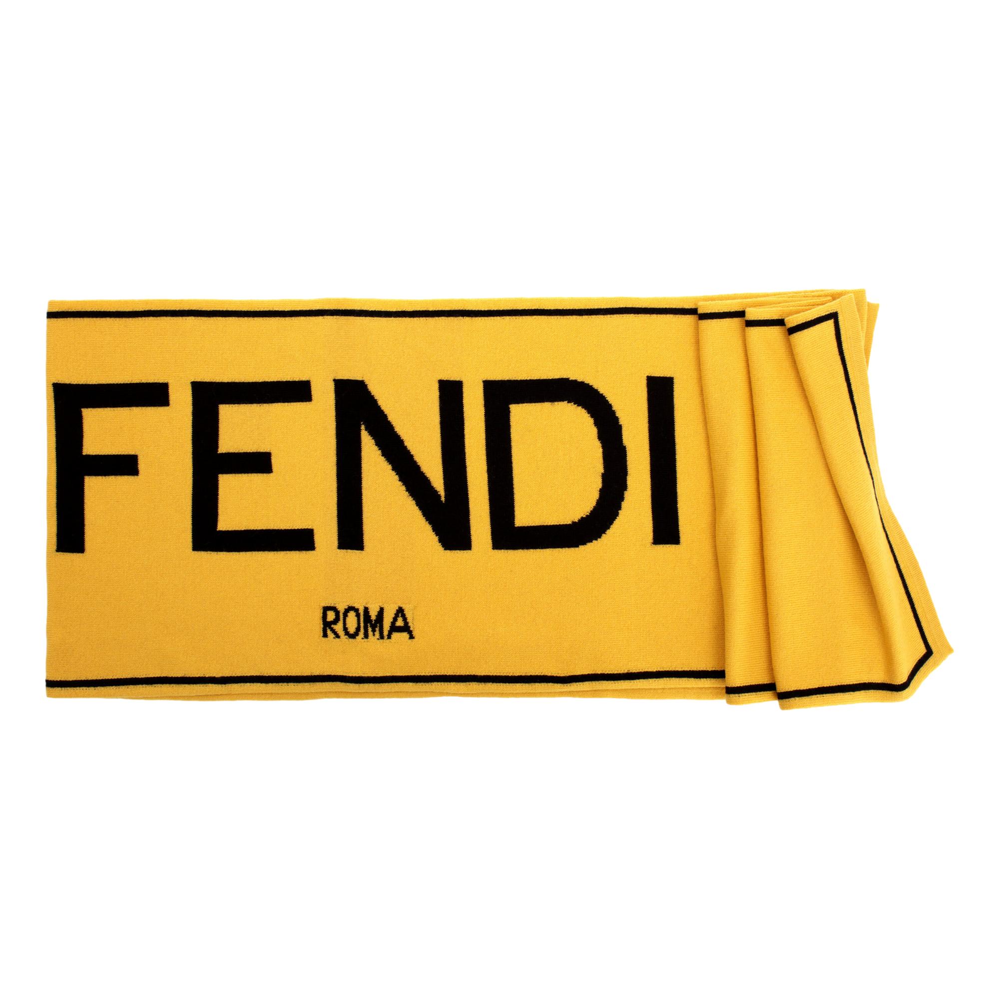 Fendi Roma Knitted Wool & Cashmere Yellow Black Logo Scarf available at Queen Bee of Beverly Hills