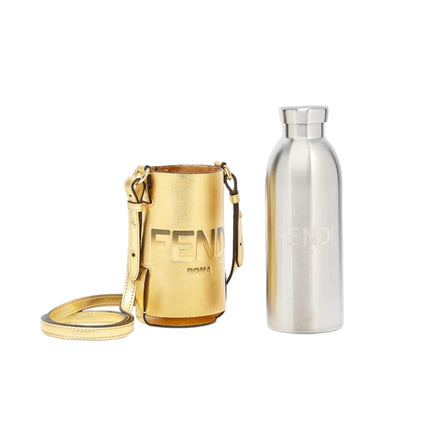 Fendi Roma Logo Steel Bottle and Gold Leather Holder Set available at Queen Bee of Beverly Hills