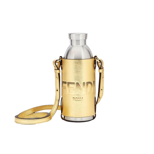 Fendi Roma Logo Steel Bottle and Gold Leather Holder Set available at Queen Bee of Beverly Hills