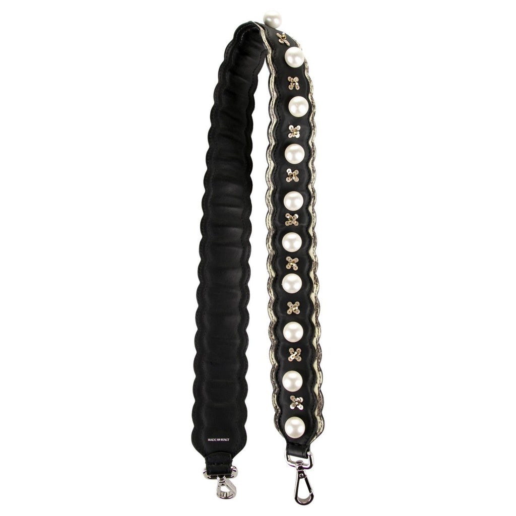 Fendi Strap You Black Pearl Leather Snakeskin Trim Sequin Shoulder Strap 8AV077 at_Queen_Bee_of_Beverly_Hills