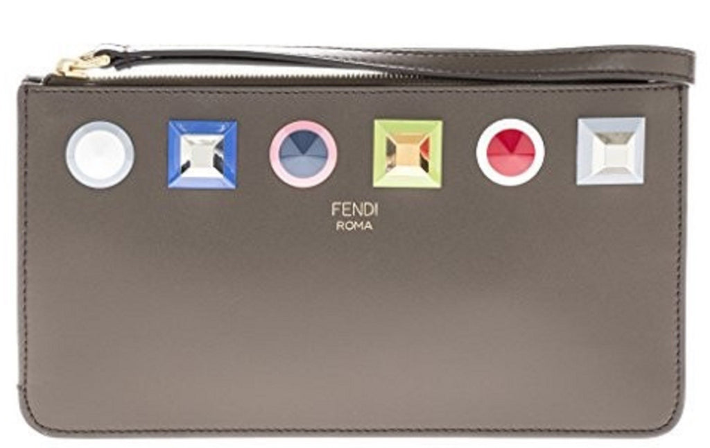 Fendi Women's Asphalt Grey Multicolor Leather Rainbow Stud Pouch Clutch Wristlet Bag 8M0341 at_Queen_Bee_of_Beverly_Hills