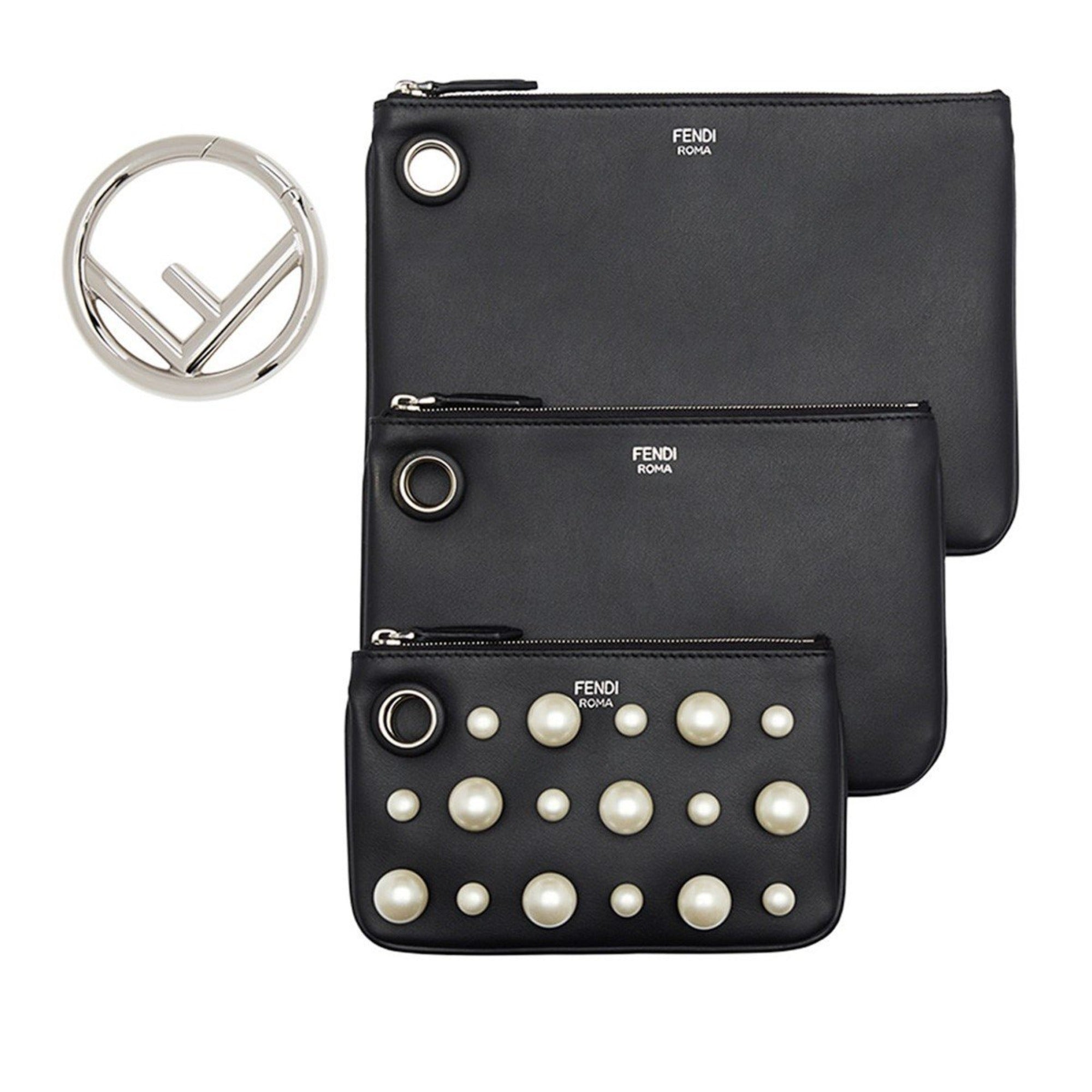 Fendi Women's Black Leather Pearl Studded Triplette Multi Clutch Handbag at_Queen_Bee_of_Beverly_Hills