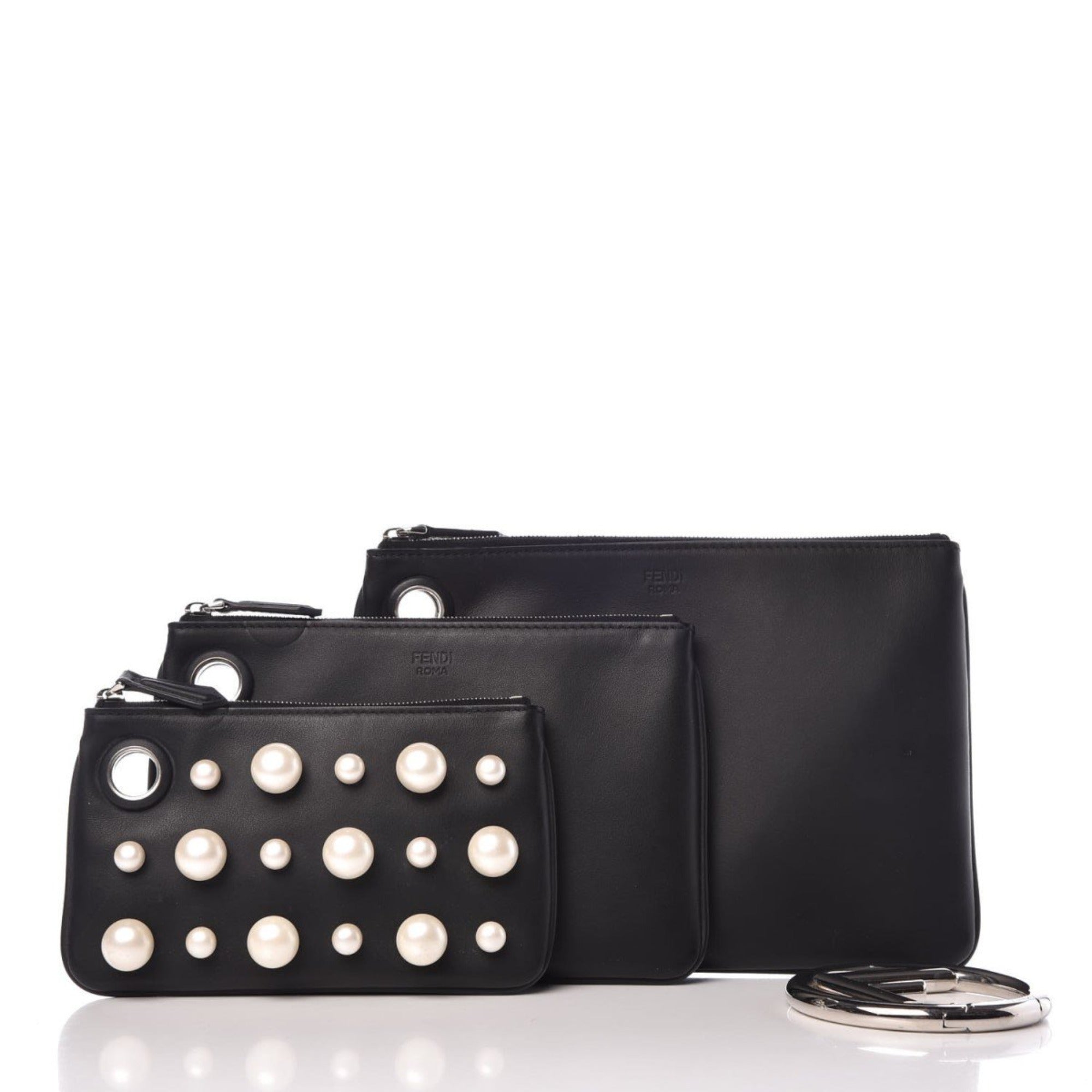 Fendi Women's Black Leather Pearl Studded Triplette Multi Clutch Handbag at_Queen_Bee_of_Beverly_Hills