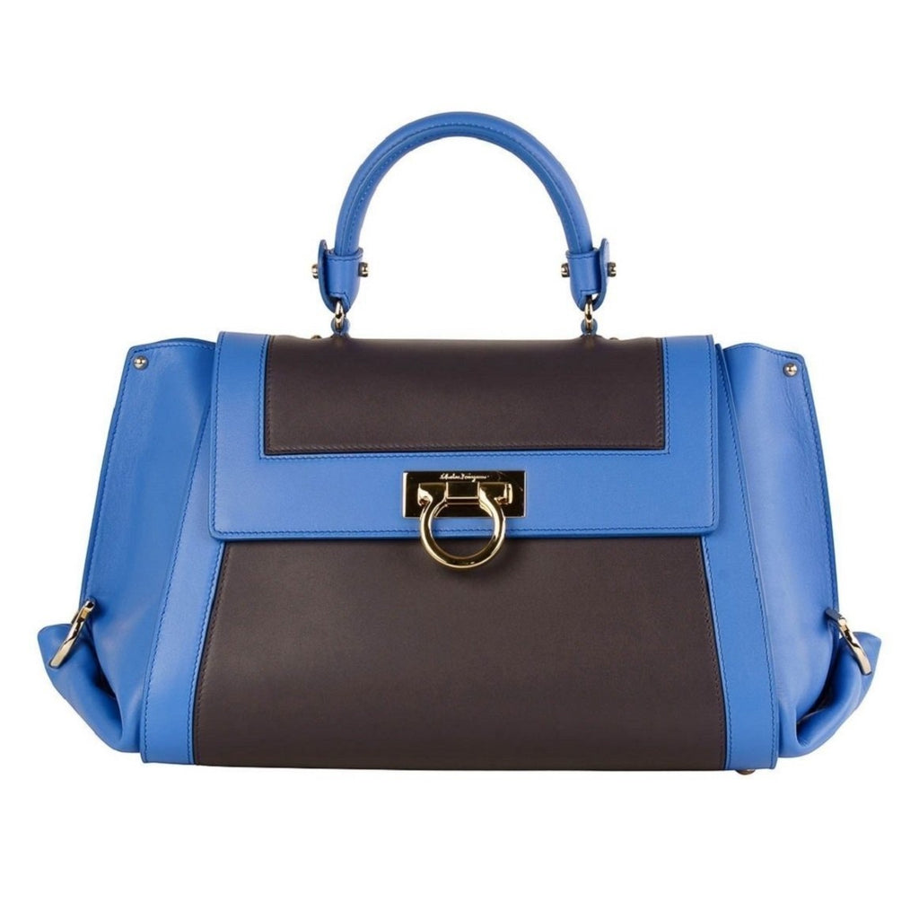 Ferragamo Sofia Calf Skin Blue Fumee Blue and Grey Medium Handbag F845/02 at_Queen_Bee_of_Beverly_Hills