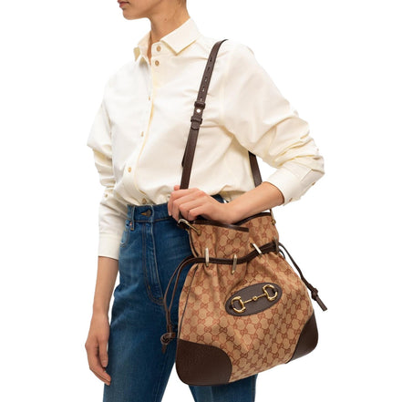 Gucci 1955 Horsebit Beige Canvas Drawstring Cross Body Bag available at Queen Bee of Beverly Hills
