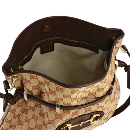 Gucci 1955 Horsebit Beige Canvas Drawstring Cross Body Bag available at Queen Bee of Beverly Hills