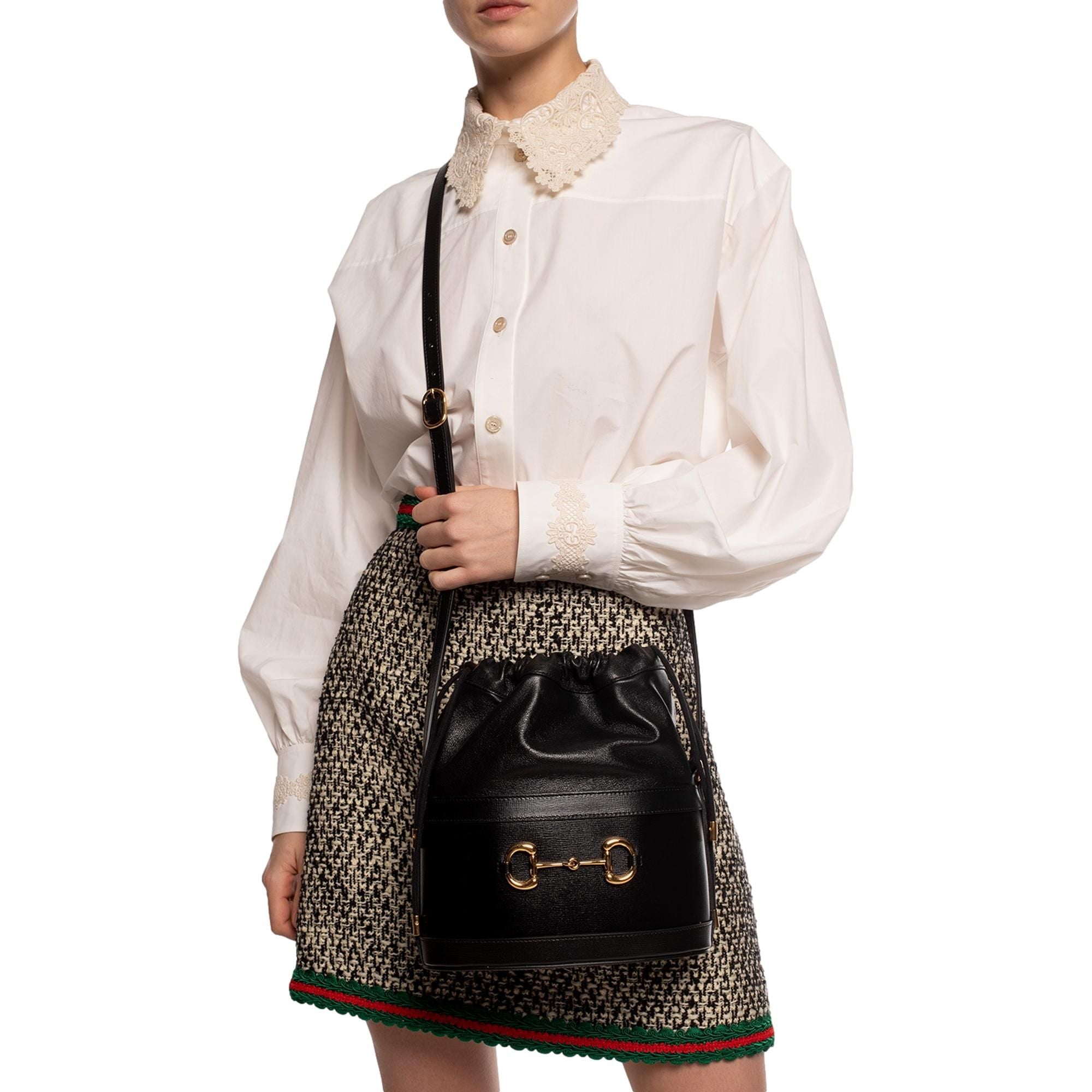 Gucci 1955 Horsebit Black Leather Bucket Bag available at Queen Bee of Beverly Hills