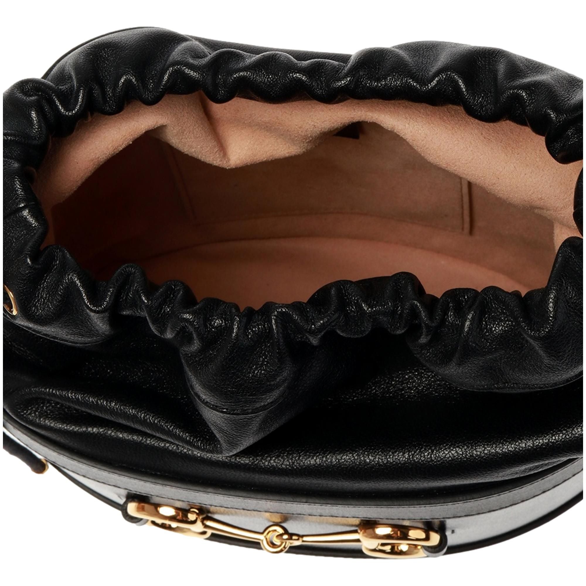 Gucci 1955 Horsebit Black Leather Bucket Bag available at Queen Bee of Beverly Hills
