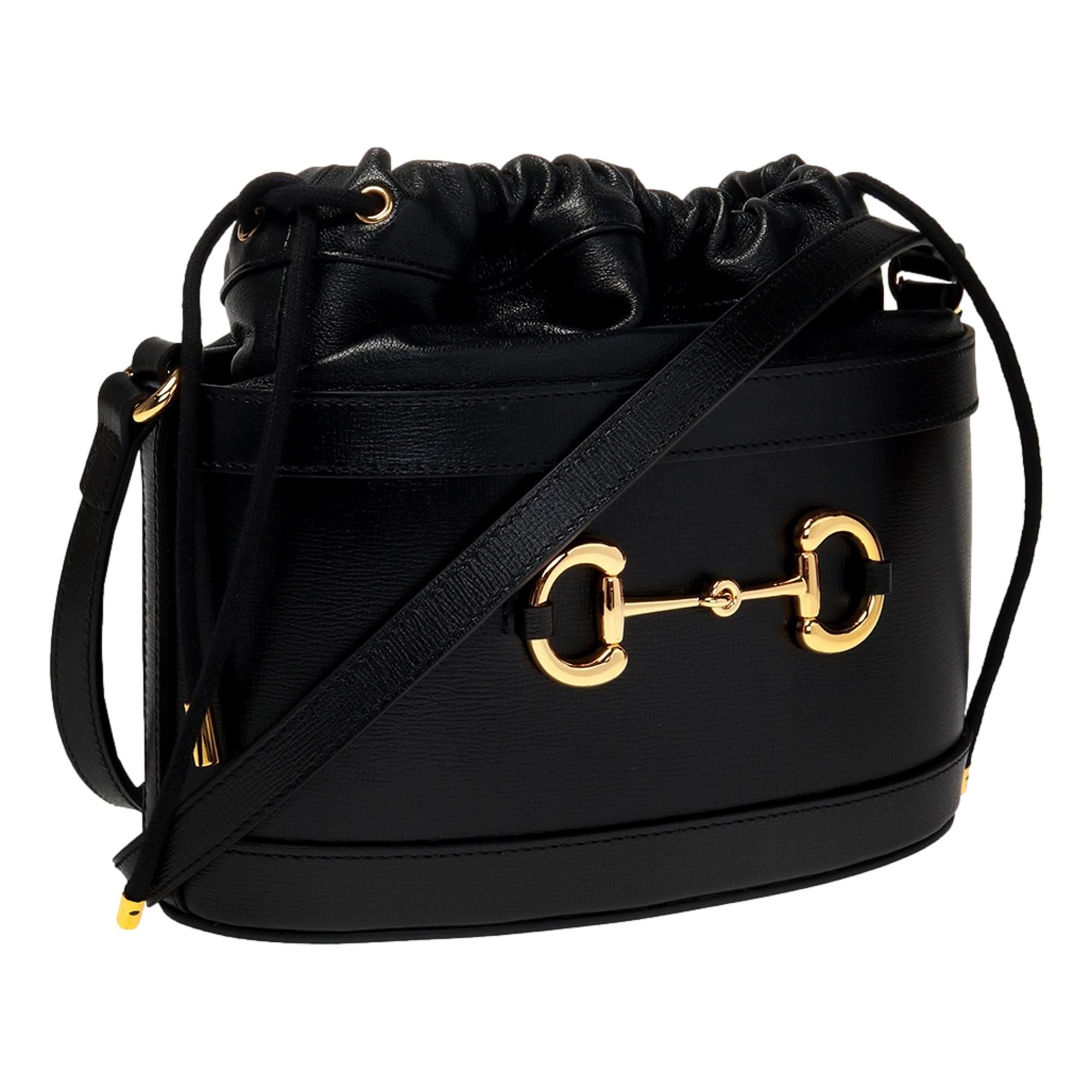 Gucci 1955 Horsebit Black Leather Bucket Bag available at Queen Bee of Beverly Hills