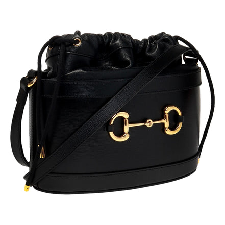 Gucci 1955 Horsebit Black Leather Bucket Bag available at Queen Bee of Beverly Hills