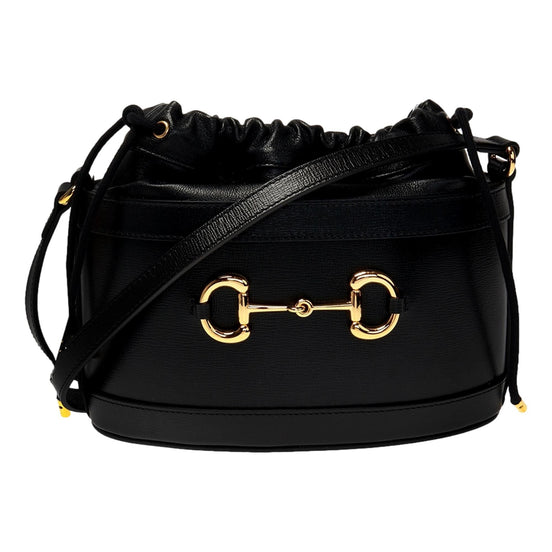 Gucci 1955 Horsebit Black Leather Bucket Bag available at Queen Bee of Beverly Hills