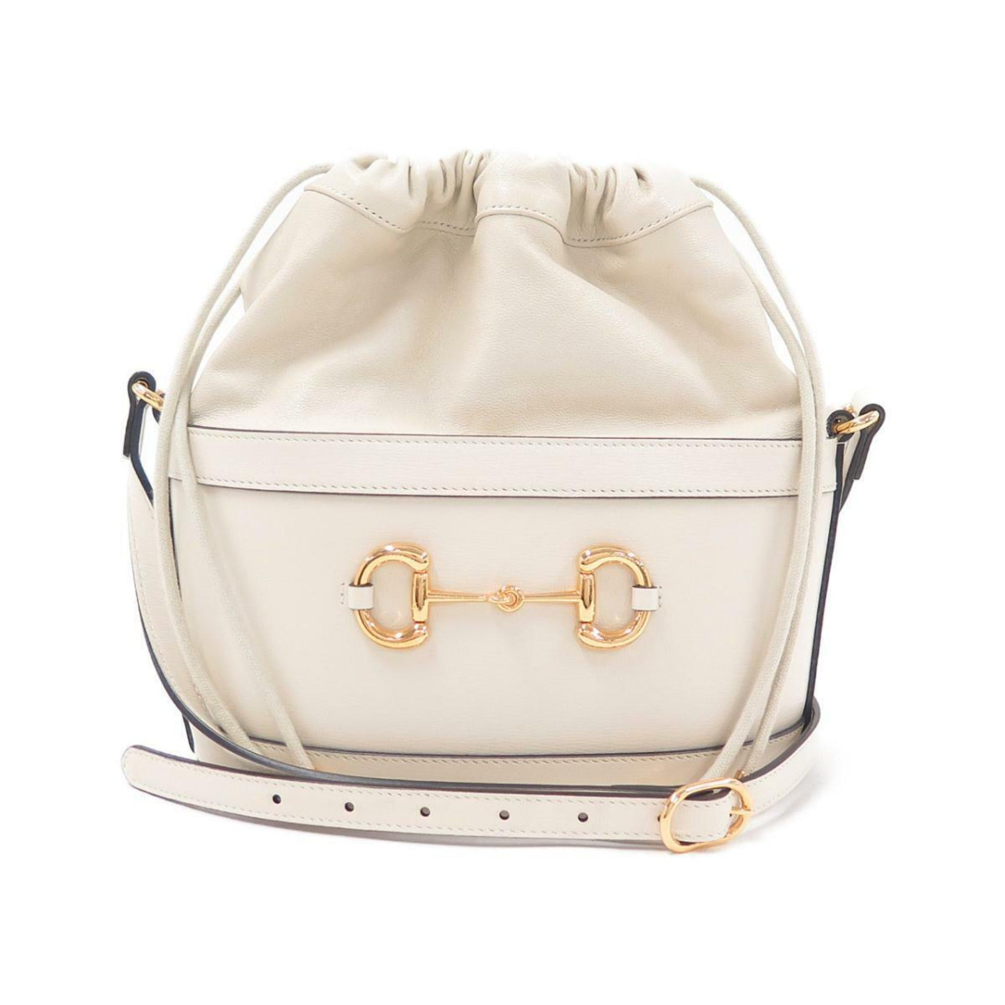 Gucci 1955 Horsebit White Leather Bucket Bag at_Queen_Bee_of_Beverly_Hills