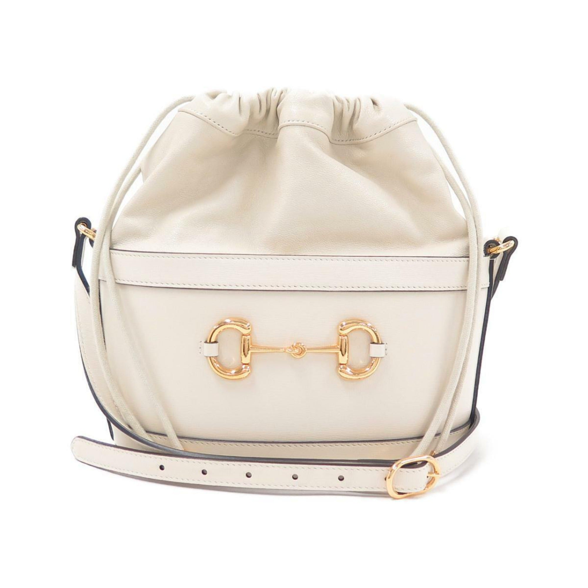 Gucci 1955 Horsebit White Leather Bucket Bag available at Queen Bee of Beverly Hills