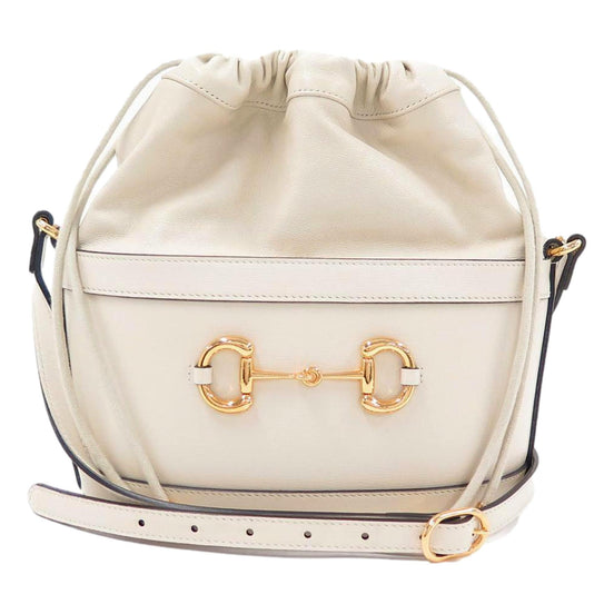 Gucci 1955 Horsebit White Leather Bucket Bag available at Queen Bee of Beverly Hills