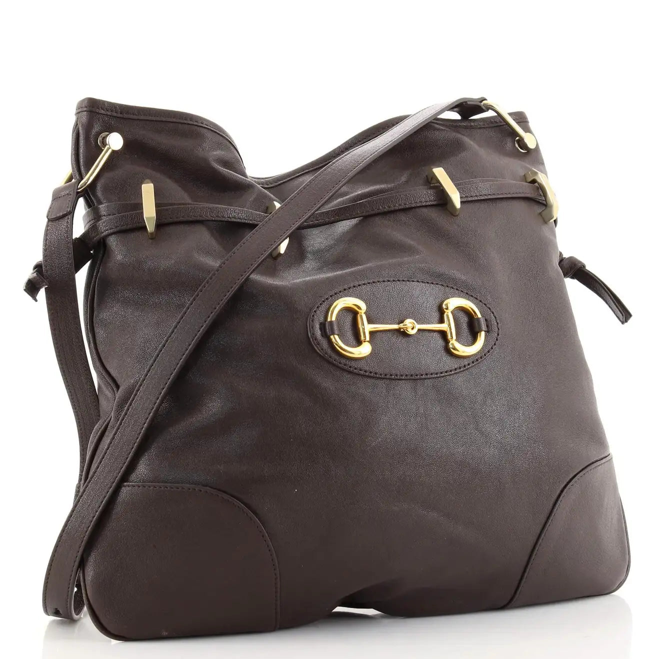Gucci 1955 Morsetto Large Leather Horsebit Drawstring Brown Bucket Bag available at Queen Bee of Beverly Hills