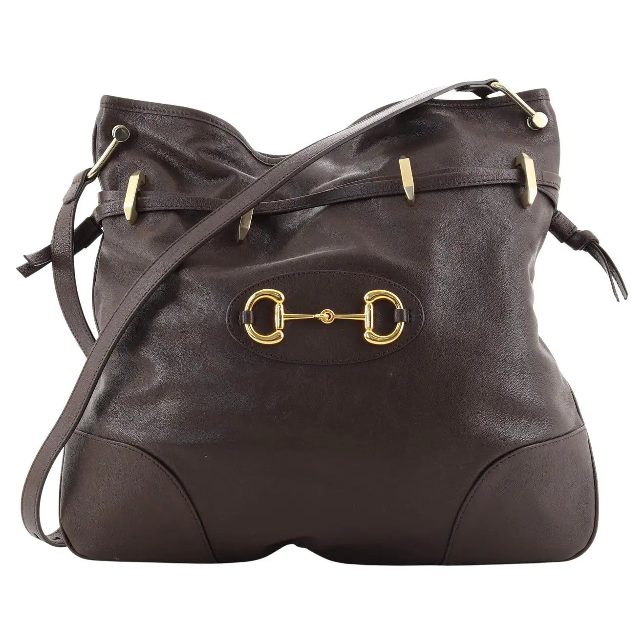 Gucci 1955 Morsetto Large Leather Horsebit Drawstring Brown Bucket Bag available at Queen Bee of Beverly Hills