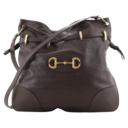 Gucci 1955 Morsetto Large Leather Horsebit Drawstring Brown Bucket Bag available at Queen Bee of Beverly Hills