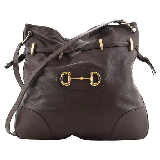 Gucci 1955 Morsetto Large Leather Horsebit Drawstring Brown Bucket Bag available at Queen Bee of Beverly Hills