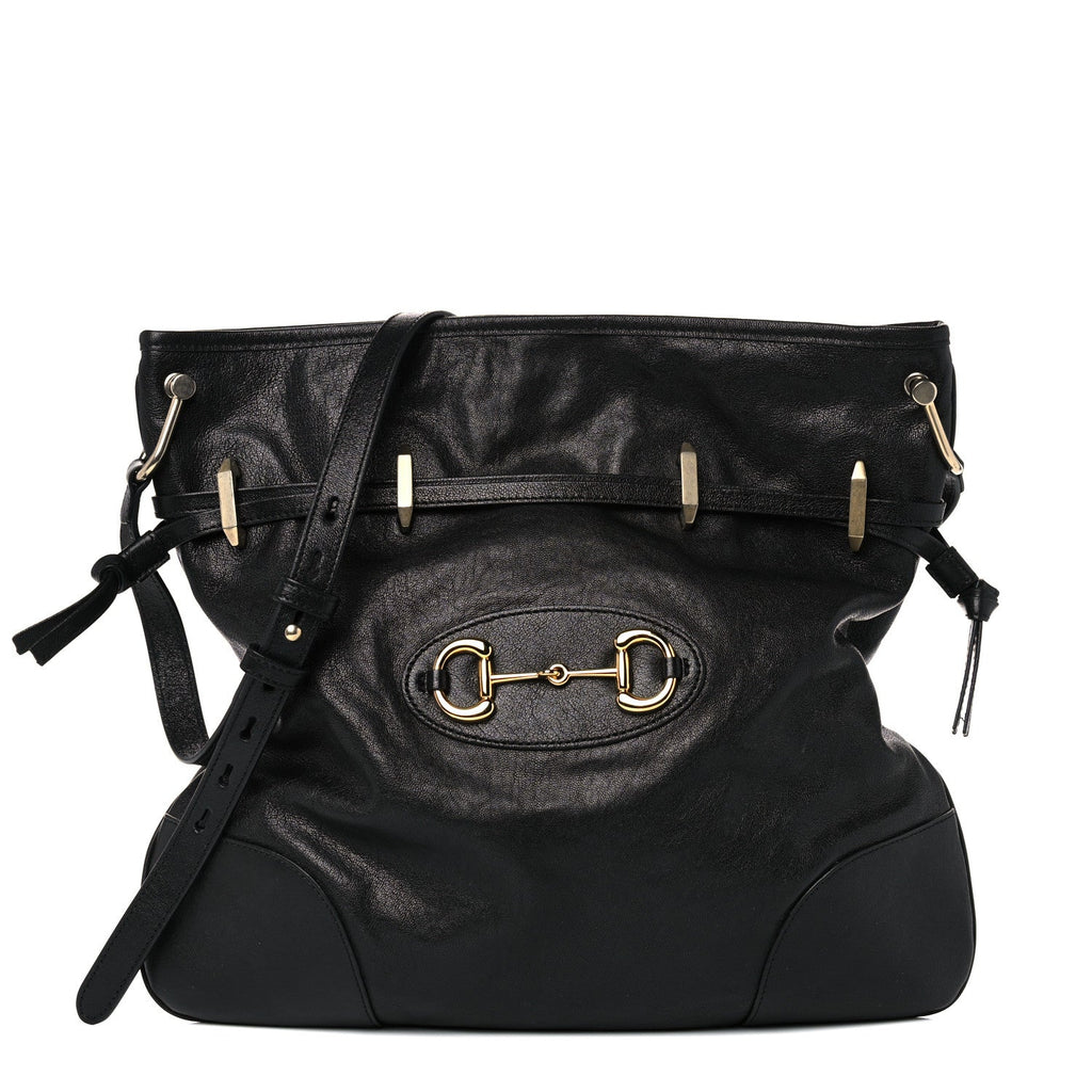 Gucci 1955 Morsetto Small Leather Horsebit Drawstring Black Bucket Bag at_Queen_Bee_of_Beverly_Hills