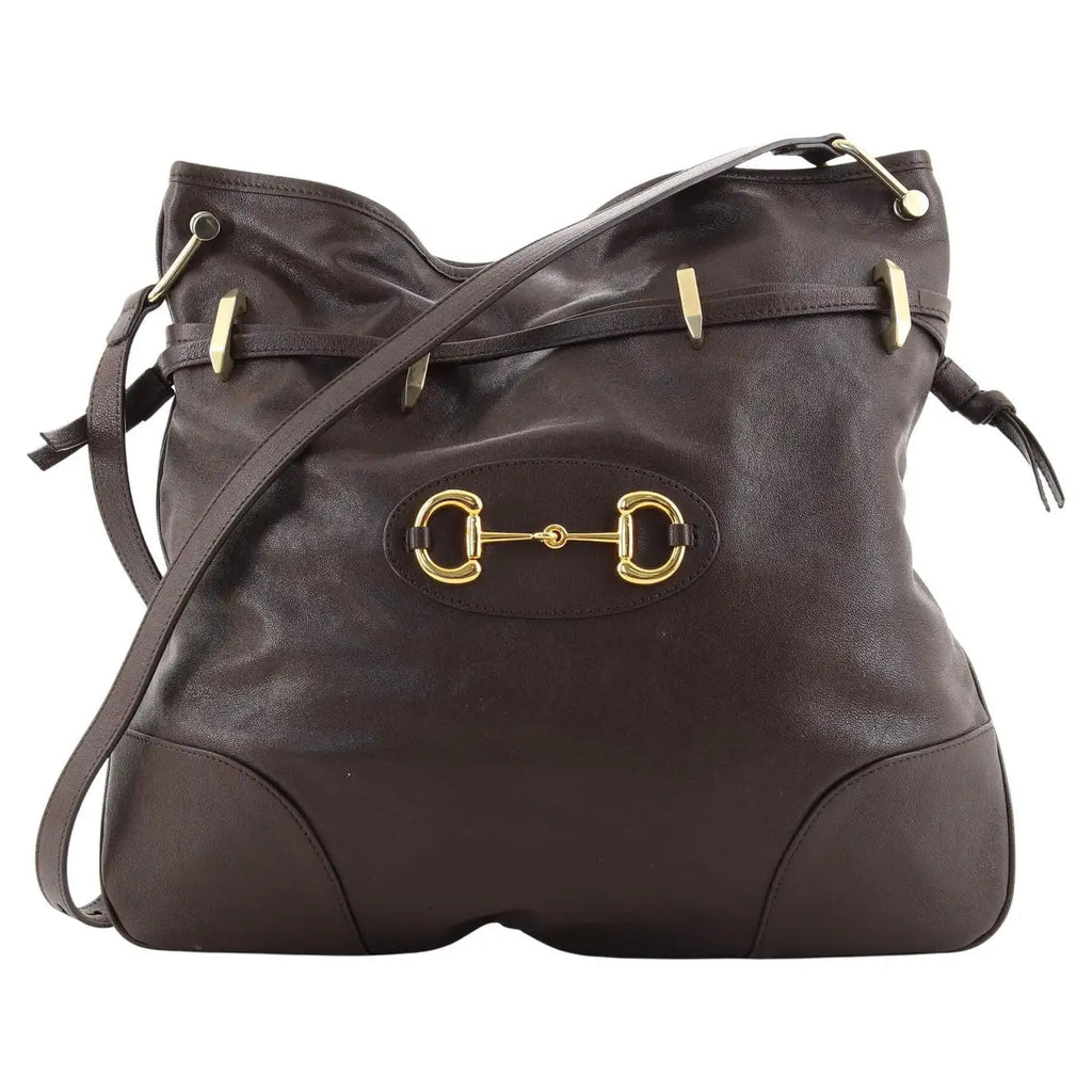 Gucci 1955 Morsetto Small Leather Horsebit Drawstring Brown Bucket Bag at_Queen_Bee_of_Beverly_Hills