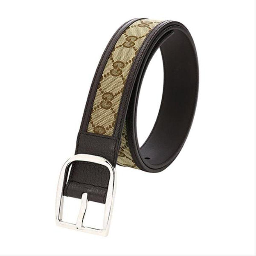 Gucci Guccisssima Brown and Beige Canvas Leather Trim Belt Size 95