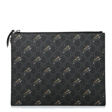 Gucci Black GG Supreme Monogram Tiger Print Clutch Bag available at Queen Bee of Beverly Hills