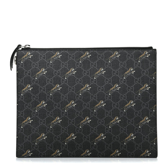 Gucci Black GG Supreme Monogram Tiger Print Clutch Bag available at Queen Bee of Beverly Hills
