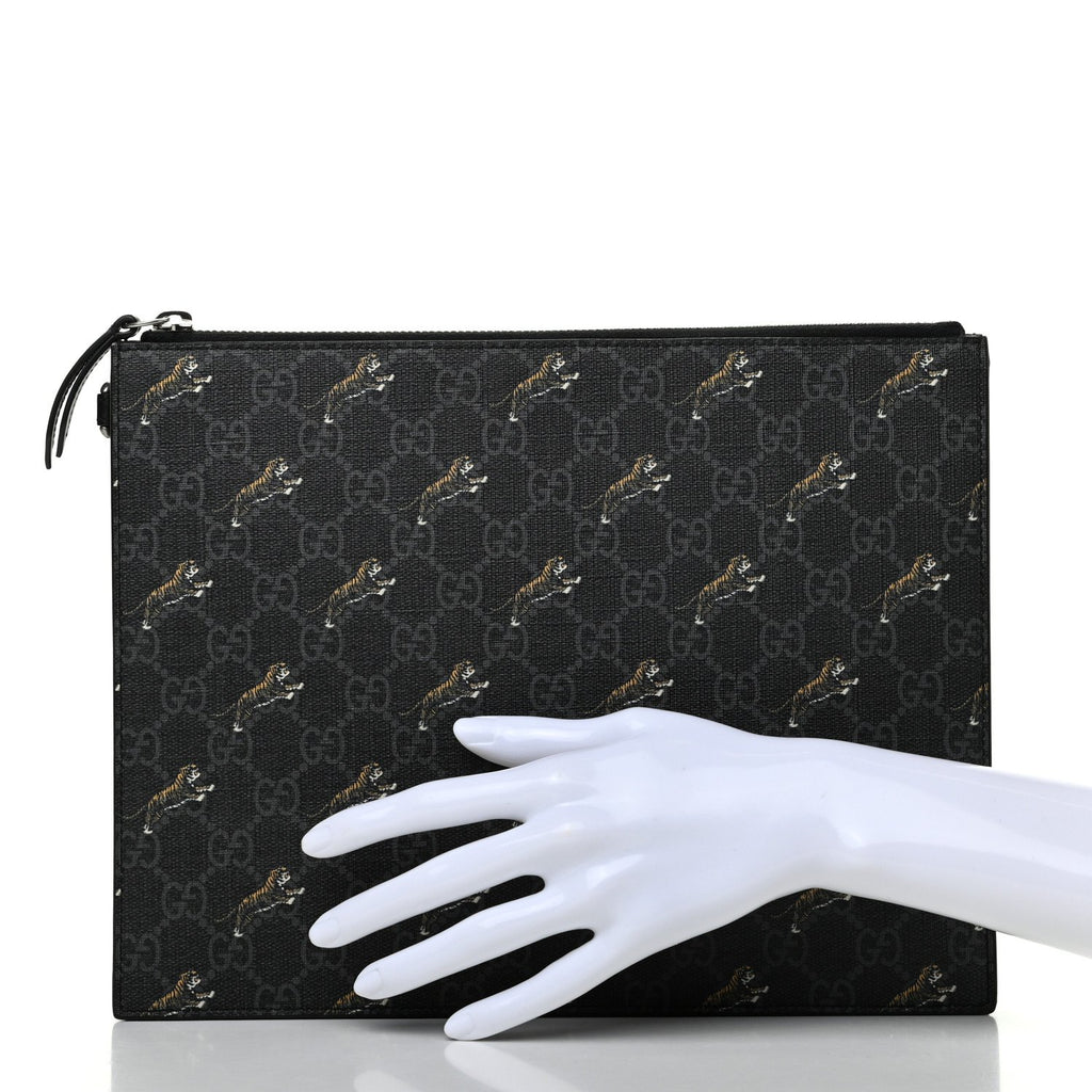 Gucci Black GG Supreme Monogram Tiger Print Pouch Wristlet Clutch Bag 5757136 at_Queen_Bee_of_Beverly_Hills