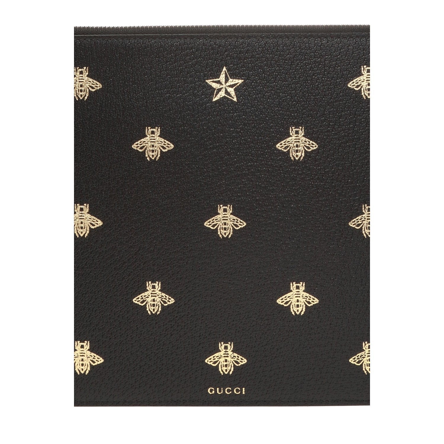 Gucci Black Leather Bee Star Motif Gold Pouch Wristlet Bag 495066 at_Queen_Bee_of_Beverly_Hills