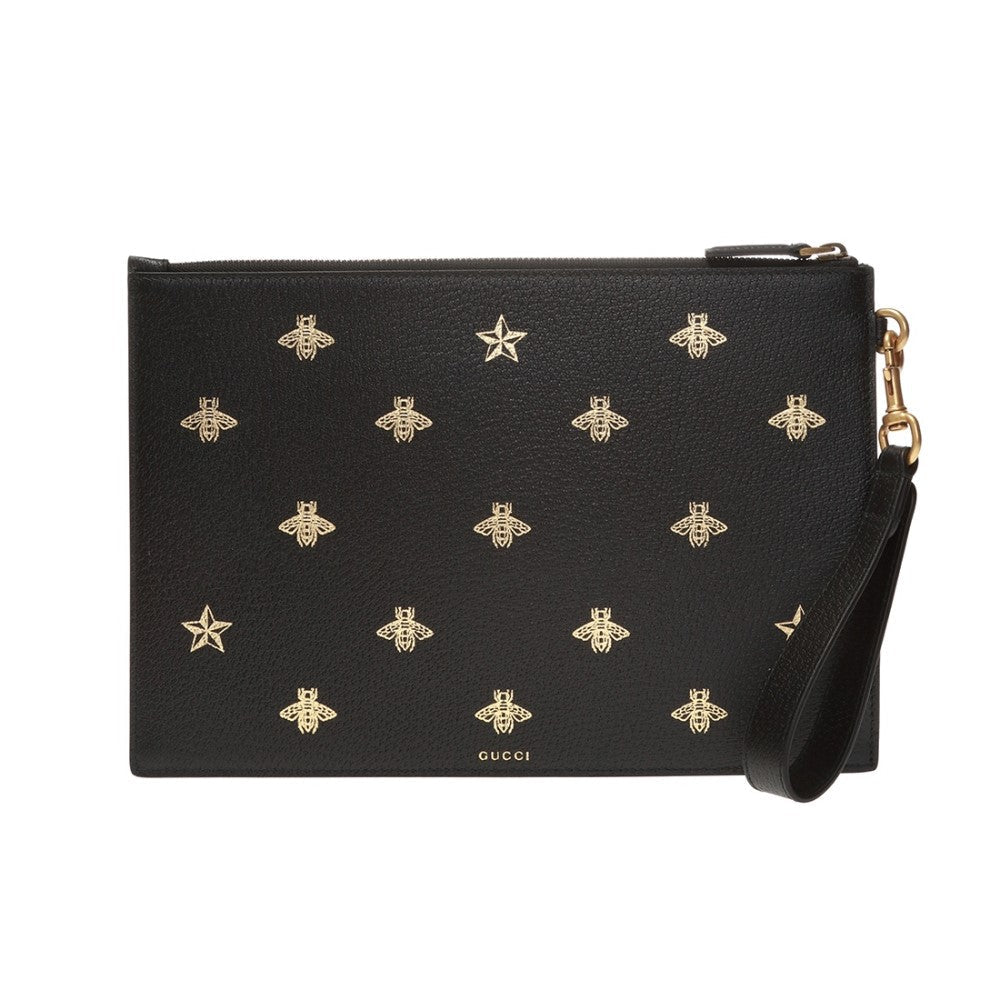 Gucci Black Leather Bee Star Motif Gold Pouch Wristlet Bag 495066 at_Queen_Bee_of_Beverly_Hills