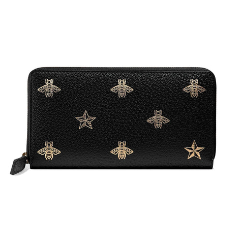 Gucci Black Leather Bee Star Zip Around Wallet 495062 at_Queen_Bee_of_Beverly_Hills