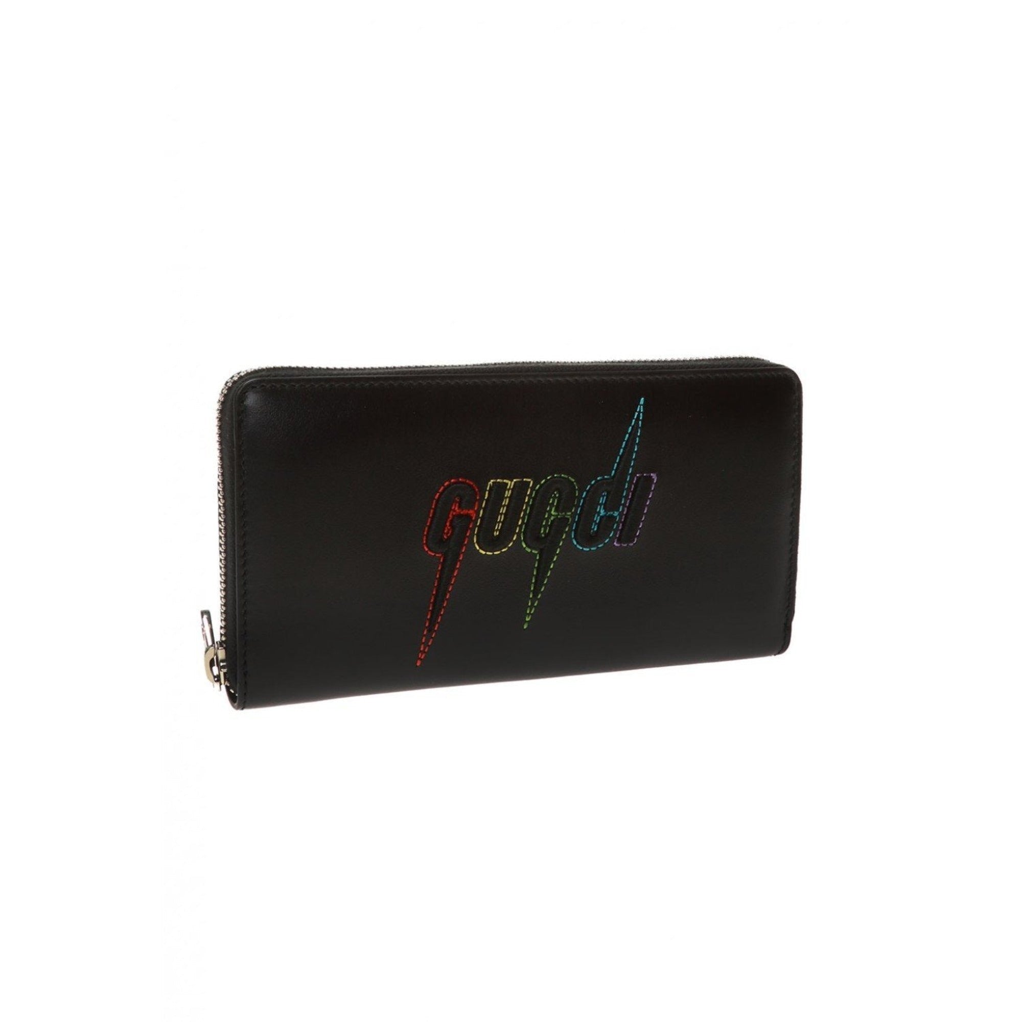 Gucci Black Leather Rainbow Blade Lightning Logo Long Wallet available at Queen Bee of Beverly Hills