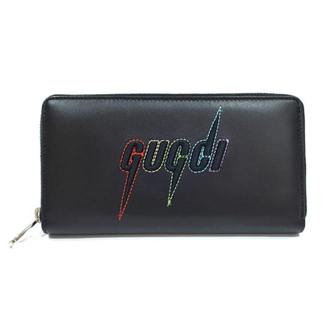 Gucci Black Leather Rainbow Lightning Logo Continental Wallet 597677 at_Queen_Bee_of_Beverly_Hills