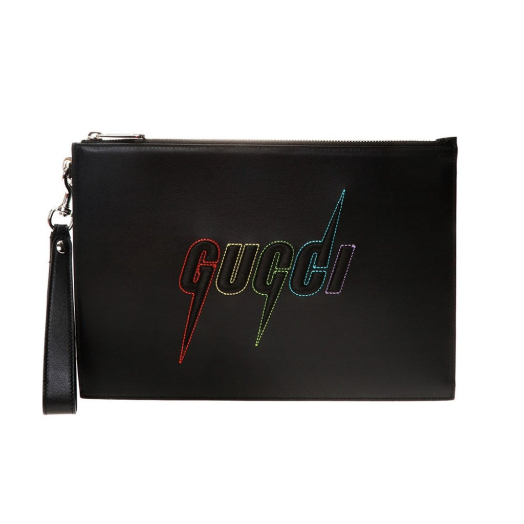 Gucci Blade Embroidered Black Leather Pouch Wristlet Bag 597678 at_Queen_Bee_of_Beverly_Hills
