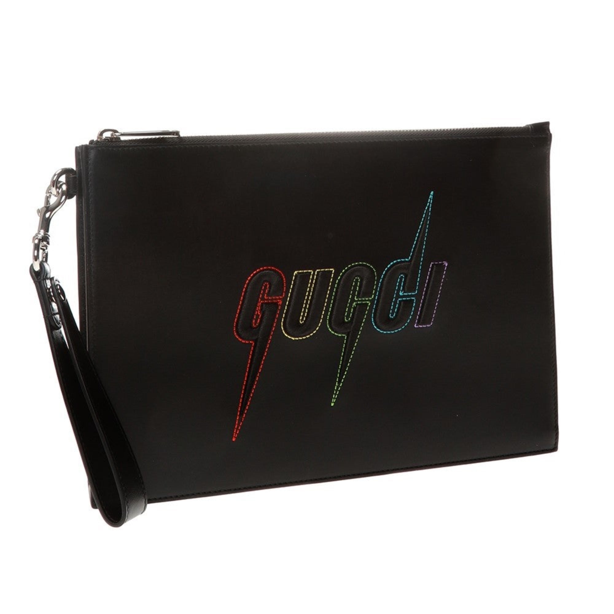 Gucci Blade Embroidered Black Leather Pouch Wristlet Bag 597678 at_Queen_Bee_of_Beverly_Hills