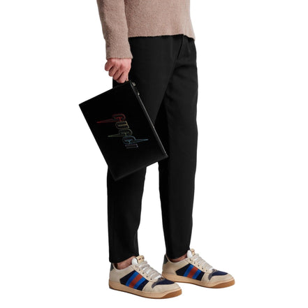 Gucci Blade Embroidered Black Leather Pouch Wristlet Bag available at Queen Bee of Beverly Hills