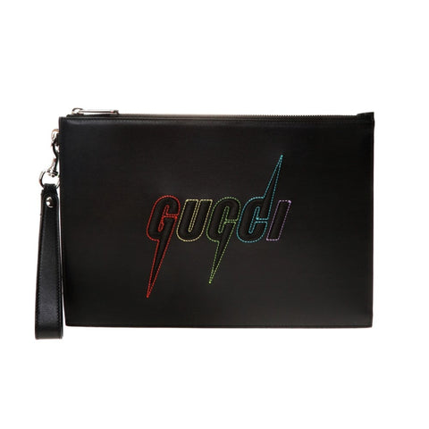 Gucci Blade Embroidered Black Leather Pouch Wristlet Bag available at Queen Bee of Beverly Hills
