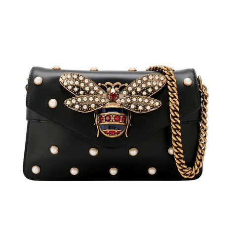 Gucci Broadway Pearl Studded Bee Black Leather Shoulder Bag 453778 at_Queen_Bee_of_Beverly_Hills