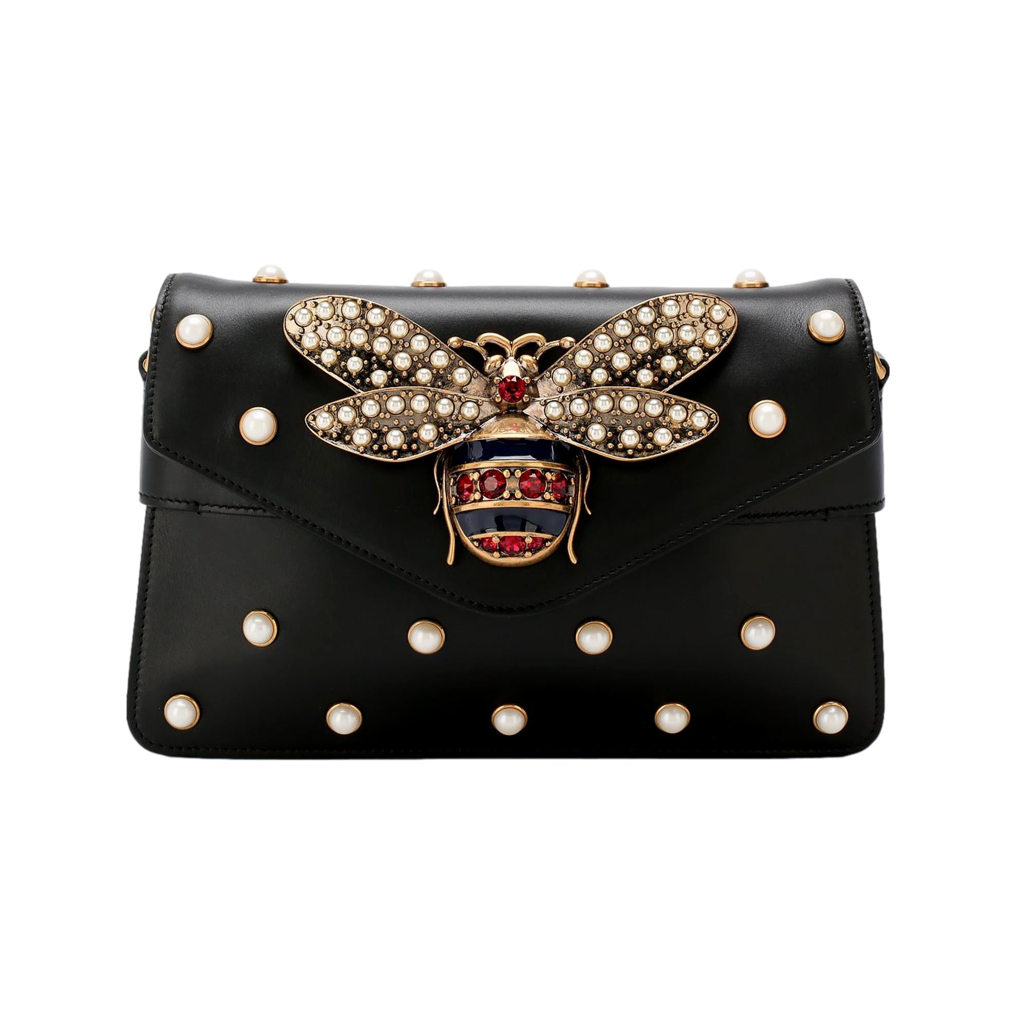 gucci broadway pearl studded bee black leather shoulder bag 453778