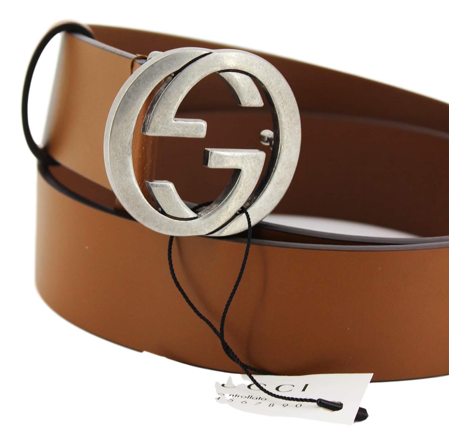 Gucci Brown Leather Silver Toned Hardware Interlocking G Buckle Belt 546389 90/36 at_Queen_Bee_of_Beverly_Hills