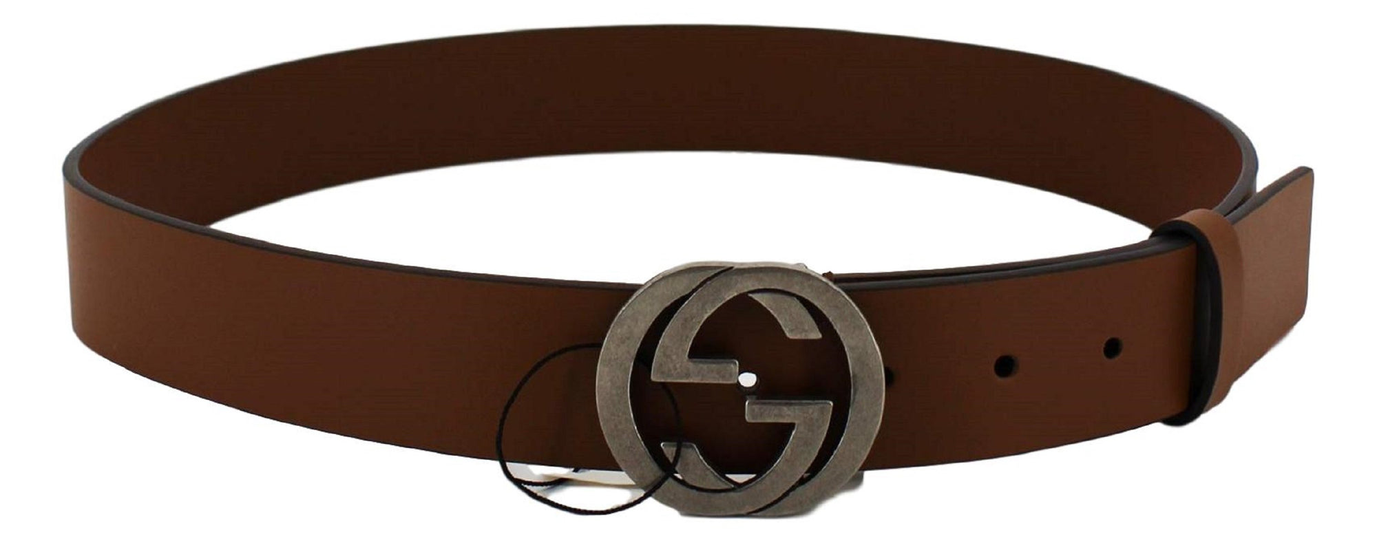 Gucci Brown Leather Silver Toned Hardware Interlocking G Buckle Belt 546389 95/38 at_Queen_Bee_of_Beverly_Hills