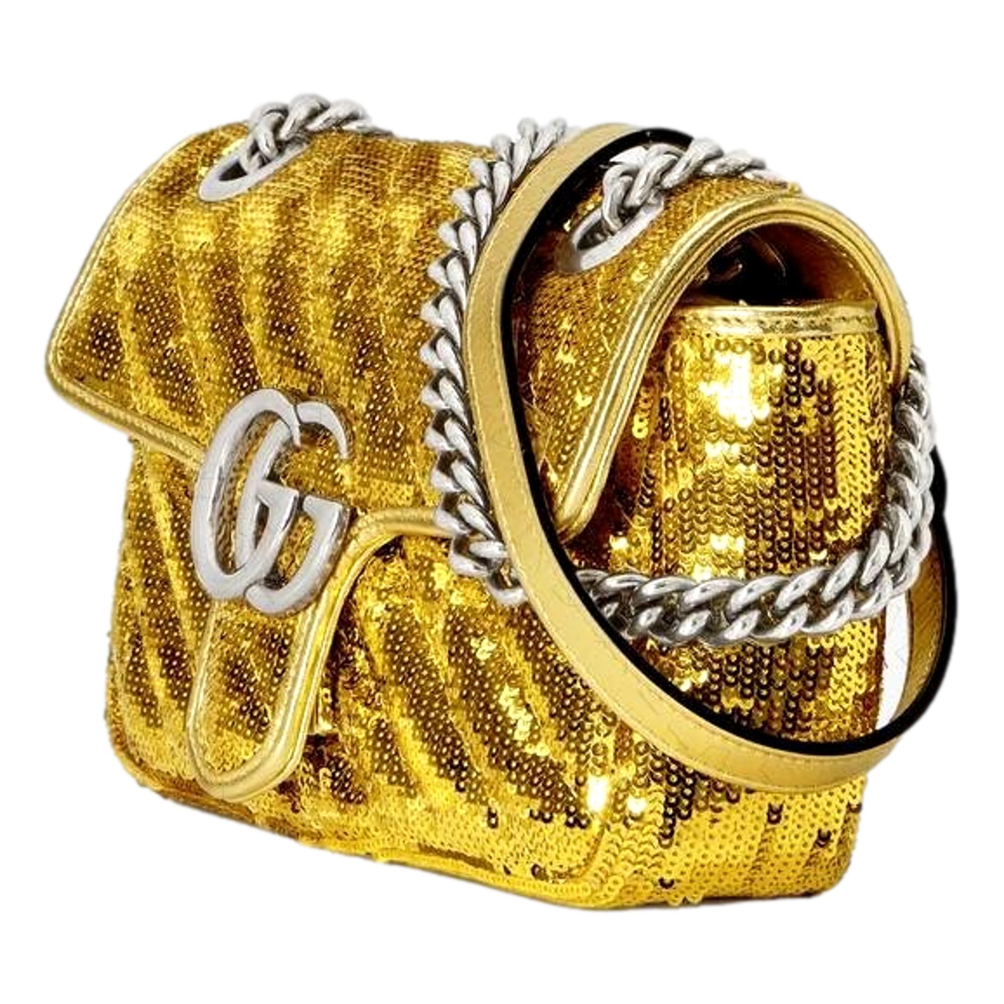 Gucci Flap Marmont GG Matelasse Gold Sequin Shoulder Bag available at Queen Bee of Beverly Hills