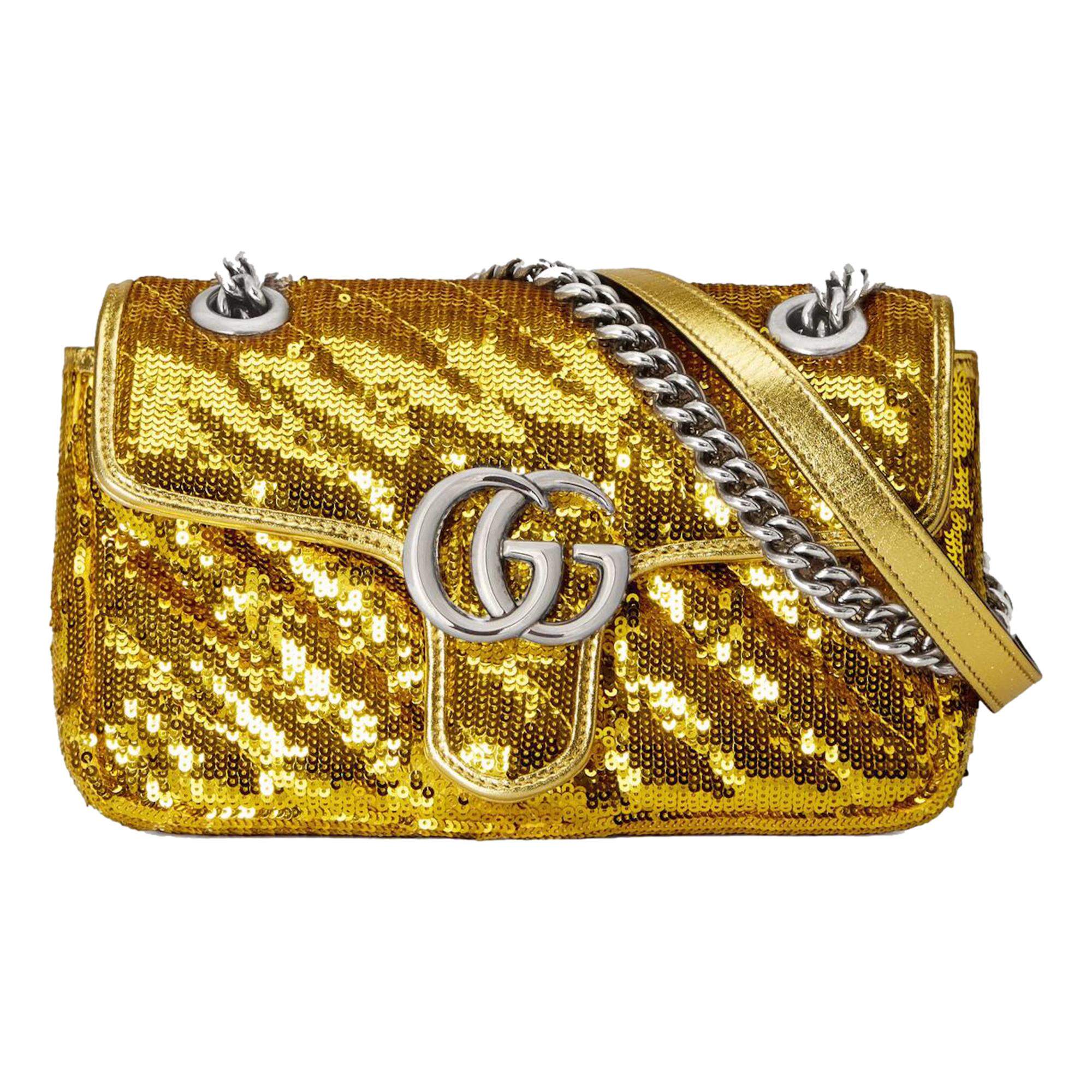 GUCCI ゴールド パーティーバッグ Gucci Flap Marmont GG Matelasse Gold Sequin Shoulder Bag – Queen