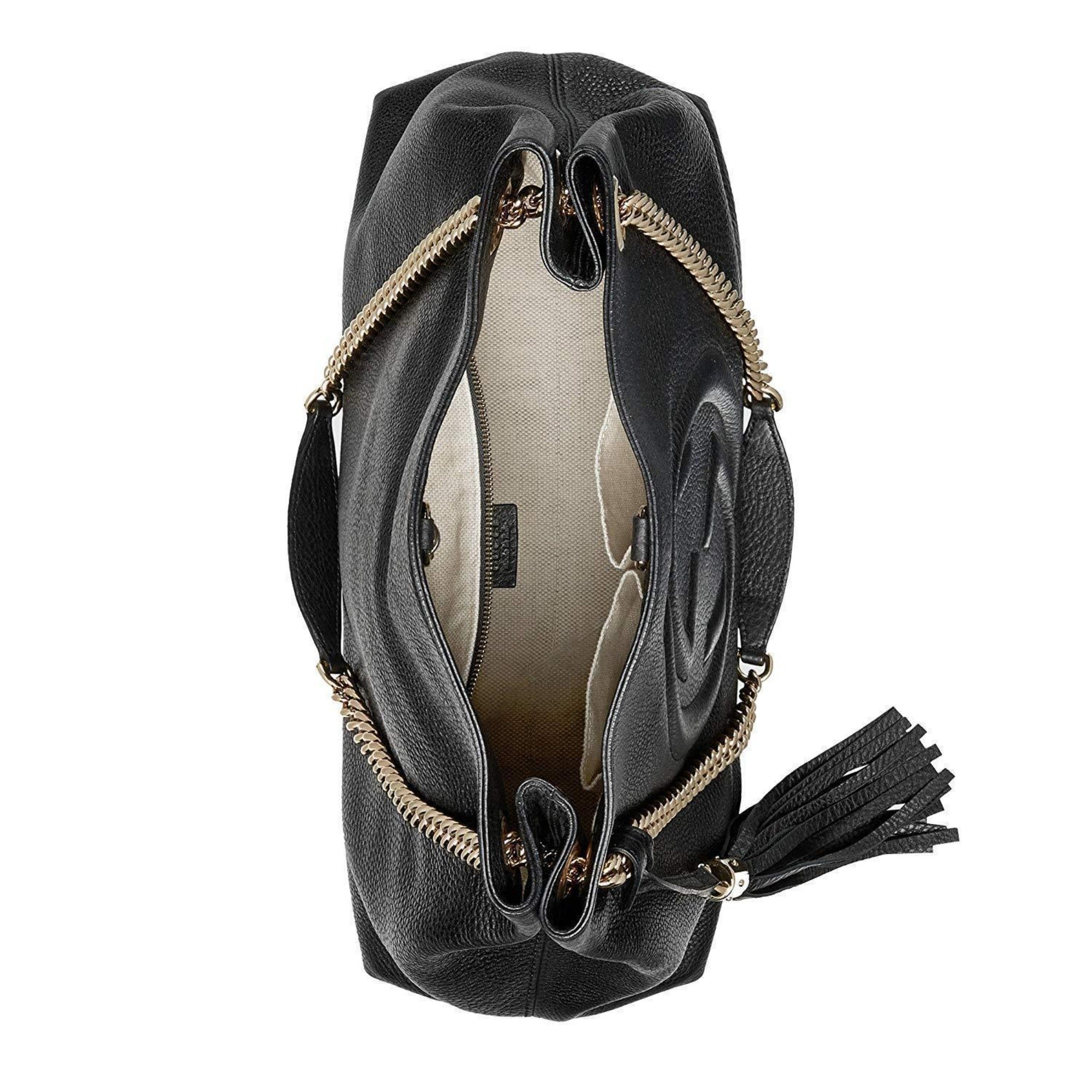 Gucci GG Pebbled Calfskin Medium Soho Gold Chain Shoulder Bag Black available at Queen Bee of Beverly Hills